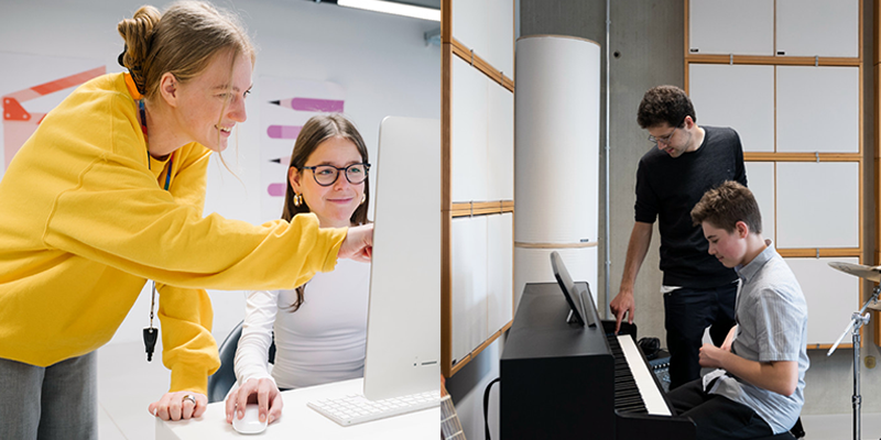 Lehrerin erklärt Arbeitsschritte am Computer, Junge lernt Klavier