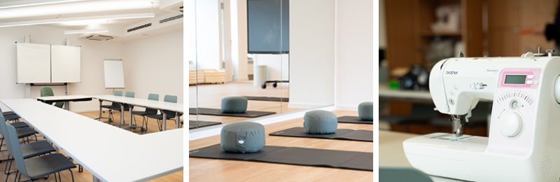Kursraum mit Smartboard, Bewegungsraum mit Yogamatte und Yogakissen, Nähmaschine auf einem Tisch im Nähraum