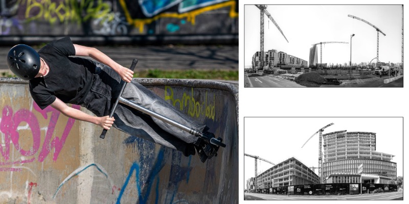 Bild eines Menschen auf einem Roller und verschiedener Bauphasen eines Bauprojekts Roller und Honsell
